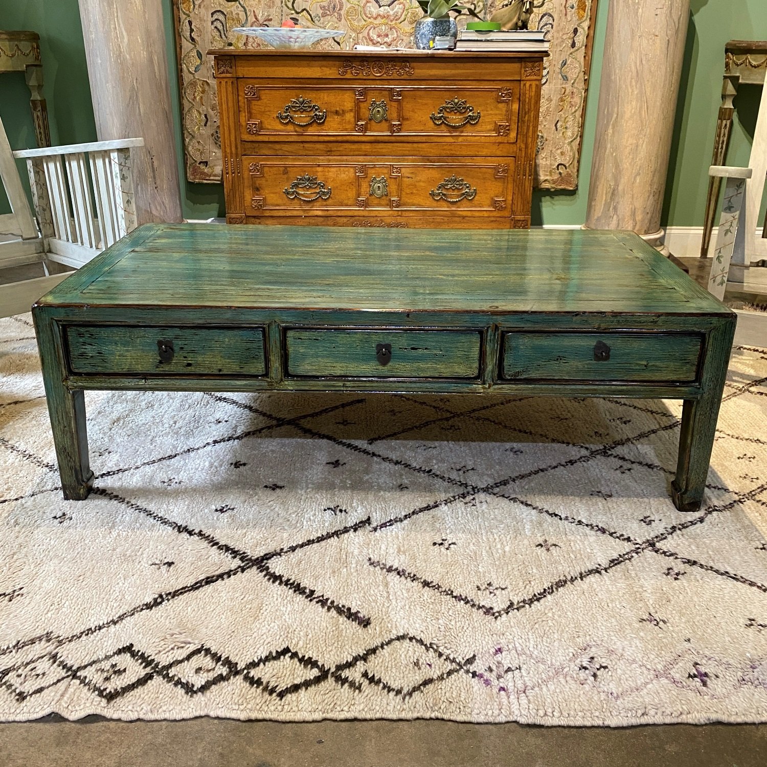 SOLD- Asian Green Lacquered Coffee Table with Three Drawers — Wolf